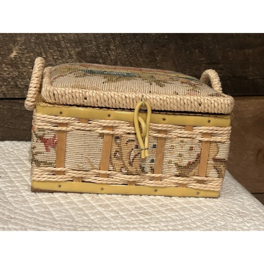 VTG Wicker Embroidered Floral Tapestry Woven Sewing Basket padded satin interior